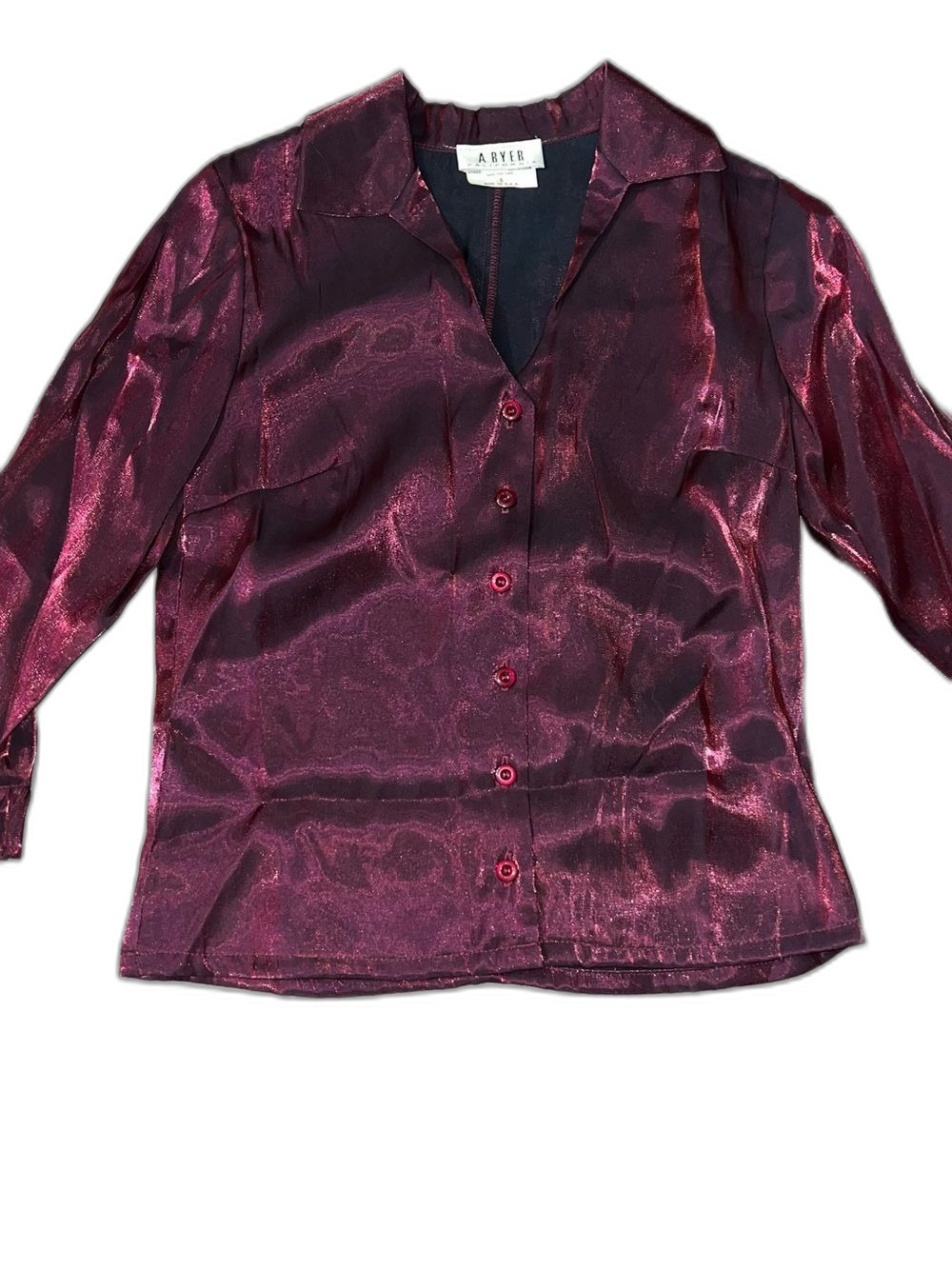 Vintage Shimmer Metallic Purple Button Down with Ruffle Sleeve Detail